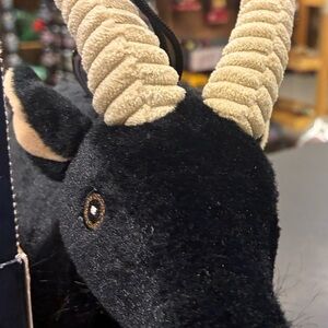 Plush Black Goat Toy with Curved Horns